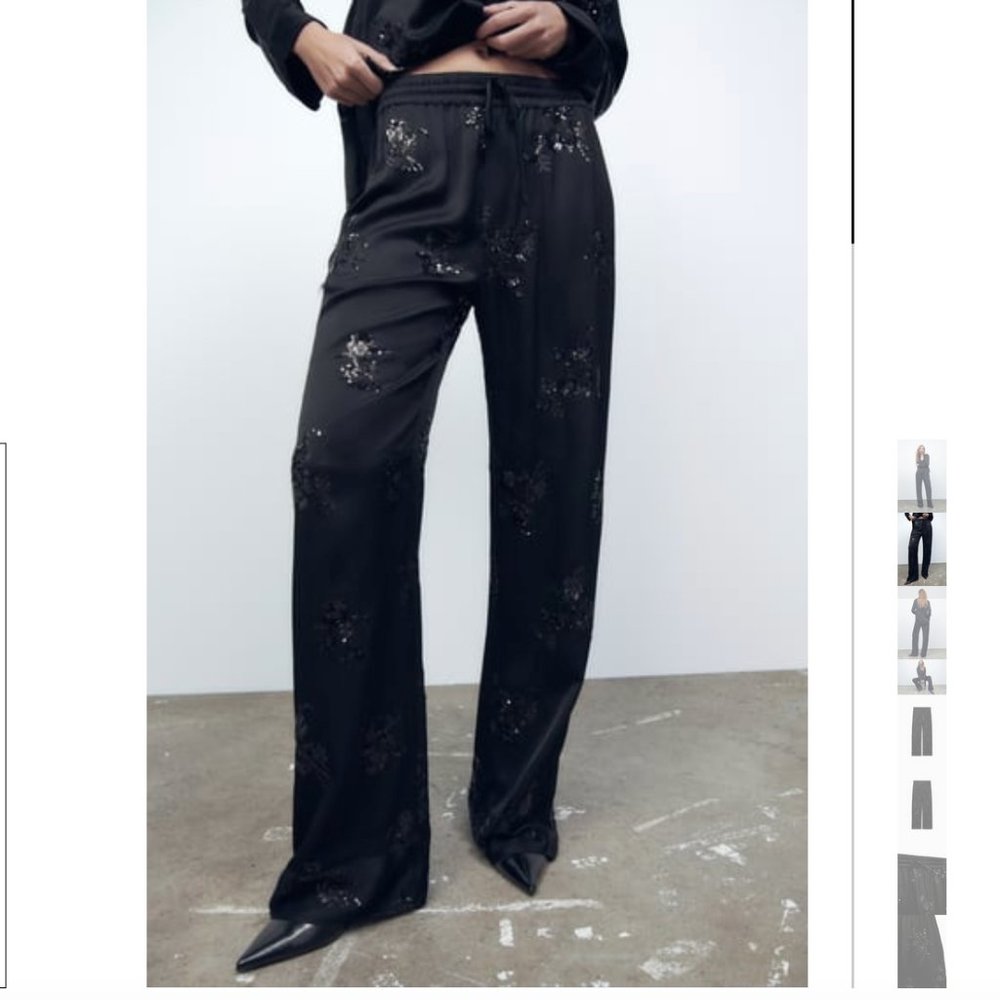 ZARA Flowy Black Embroidered Sequin Pajama Pants Black Medium Drawstring Pocket